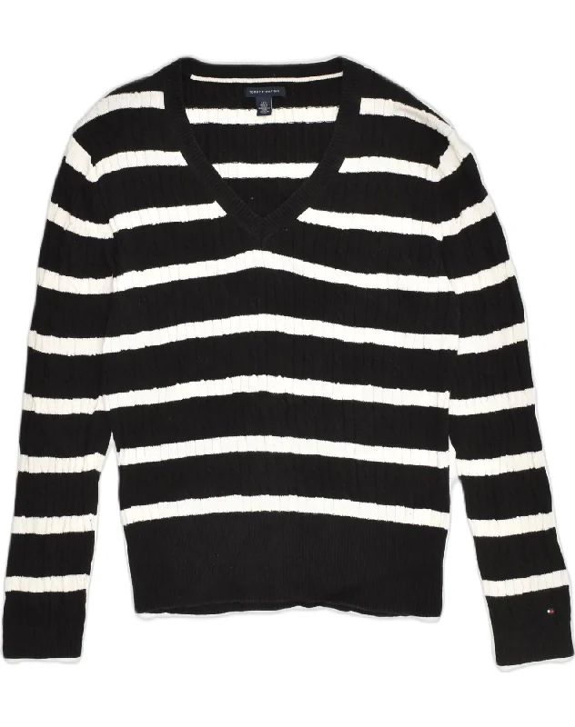 TOMMY HILFIGER Womens V-Neck Jumper Sweater UK 14 Large Black Striped