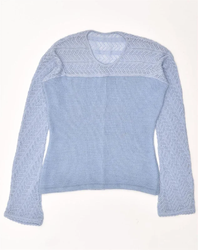 VINTAGE Womens Crew Neck Jumper Sweater UK 12 Medium Blue Wool