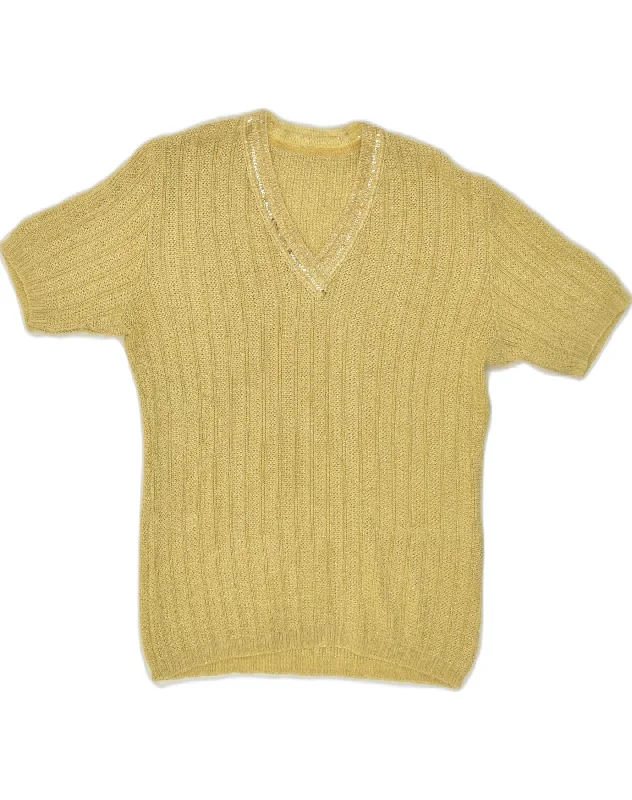 VINTAGE Womens Short Sleeve V-Neck Jumper Sweater UK 12 Medium Yellow