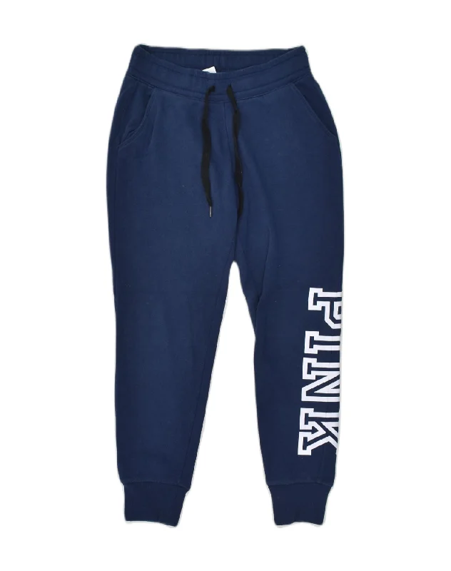 PINK Womens Graphic Tracksuit Trousers Joggers UK 6 XS Navy Blue Cotton