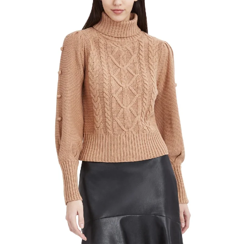 BCBGMAXAZRIA Women's Cable Knit Pom Pullover Turtleneck Sweater