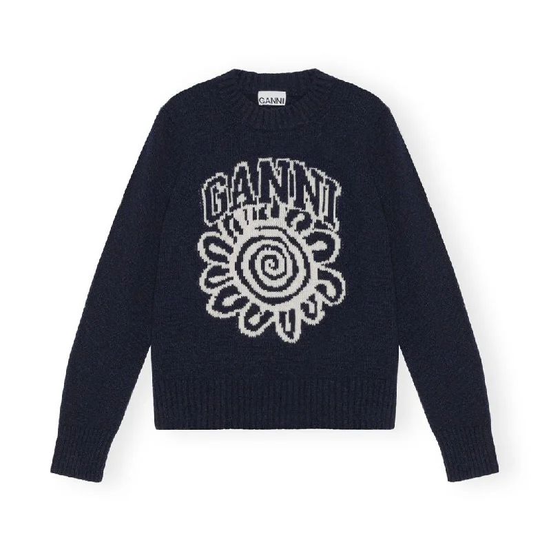 Blue Flower Graphic O-Neck Pullover (Sky Captain)