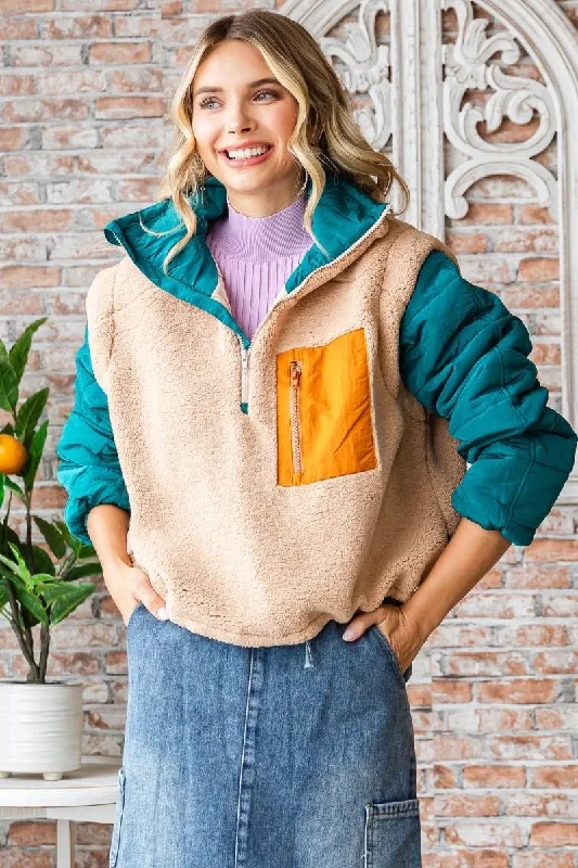 Fleece with Quilted Puffer Sleeve Pullover