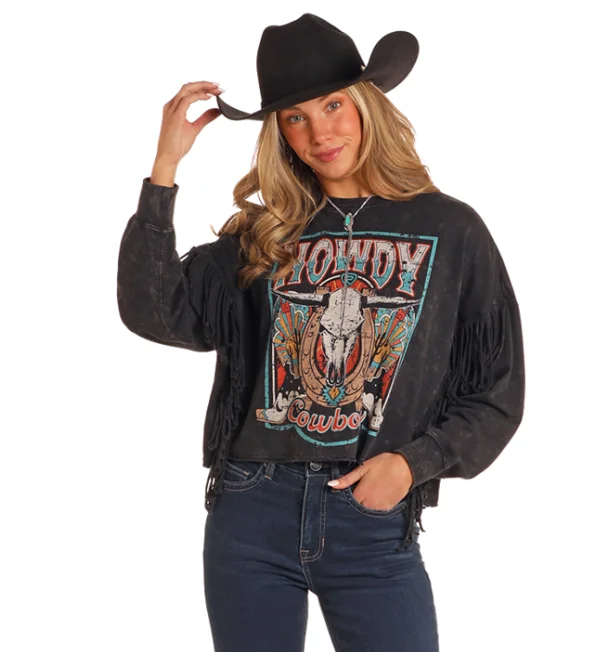 Rock & Roll Cowgirl Women's Black Howdy Cowboy Fringed Long Sleeve Pullover BW91T05401