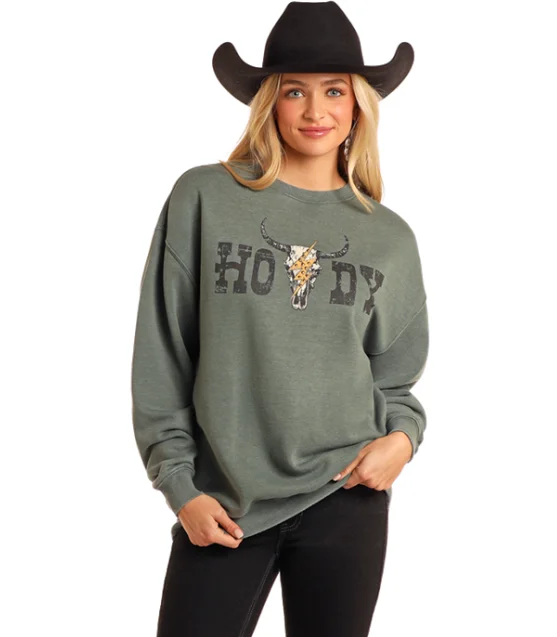 Rock & Roll Cowgirl Women's Teal Howdy Steerhead Oversized Pullover BW91T05409