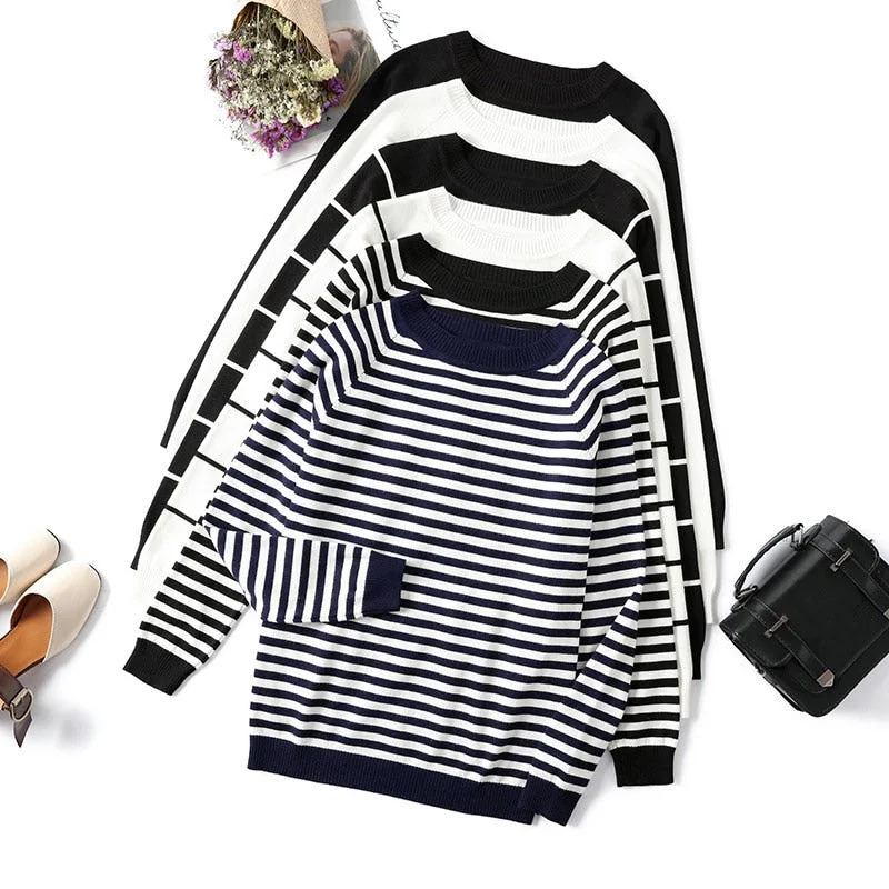 Striped Knitted Long Sleeve Women's Sweater Autumn O-Neck White Black Womens Pullover Sweaters 2019 Winter Casual Jumper Ladies