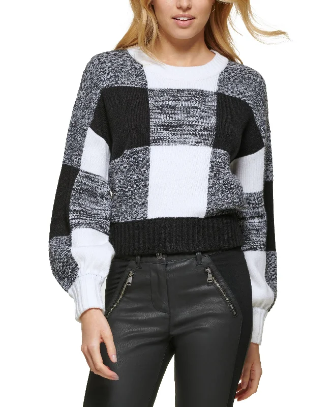 Women's Box Plaid Long-Sleeve Pullover Sweater